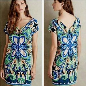 Maeve Anthropologie Green Shift Bird Print Folksong Boho Dress size small